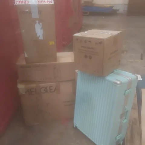 PALLET OF ASSORTED HOUSEHOLD GOODS AND PRODUCTS TO INCLUDE; RICE COOKER, DESK CHAIR, SUITCASE ETC