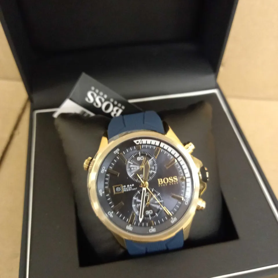 HUGO BOSS MEN'S WATCH, GLOBETROTTER DATE CHRONOGRAPH, SILICONE STRAP, BLUE