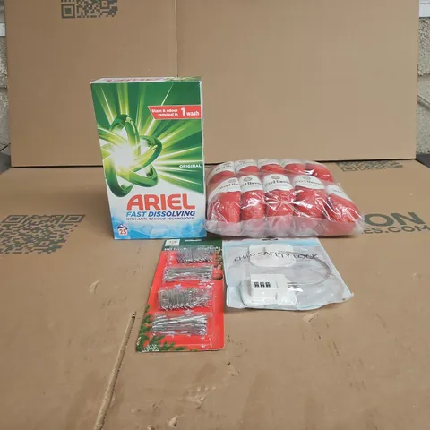 TOTE OF APPROXIMATELY 15 ASSORTED ITEMS TO INCLUDE ARIEL, DECORATION HOOKS, CHILD SAFETY LOCK, WOOL THREAD SET ETC