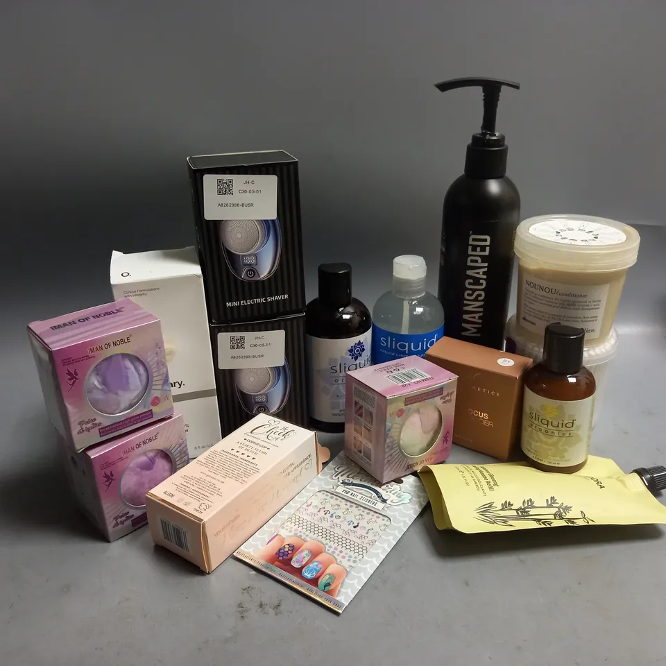 APPROXIMATELY 15 HEALTH AND BEAUTY PRODUCTS TO INCLUDE MANSCAPED BODY WASH, MINI ELECTRIC SHAVER, TREPADORA BAMBOO GINSENG CURLING MOUSSE REFILL 