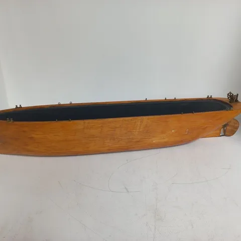 CARVED WOODEN 3FT MODEL BOAT WITH MECHANICAL RUDDER