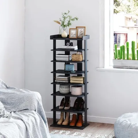 BOXED WOODEN 14 PAIR SHOE RACK - BLACK