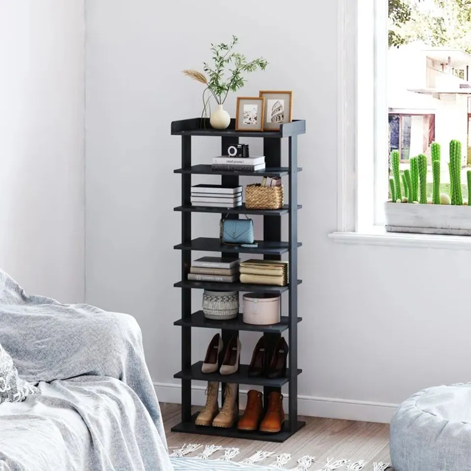 BOXED WOODEN 14 PAIR SHOE RACK - BLACK