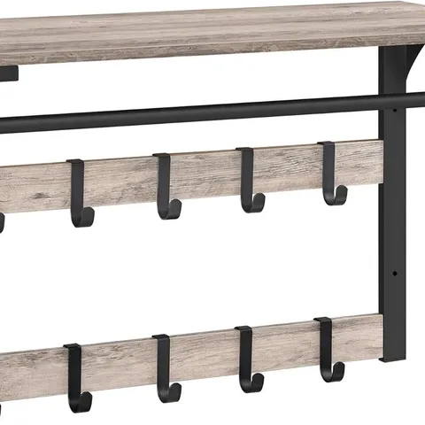 BOXED VASAGLE WALL-MOUNTED COAT RACK, WALL SHELF WITH 10 REMOVABLE HOOKS - GREIGE/BLACK