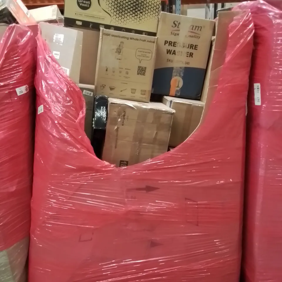 PALLET CONTAINING VARIOUS ASSORTED HOUSEHOLD ITEMS TO INCLUDE: PORTABLE BBQ, PC MONITOR, PRESSURE WASHER, JUICERS AND LOTS MORE UNMARKED BOXED ITEMS 
