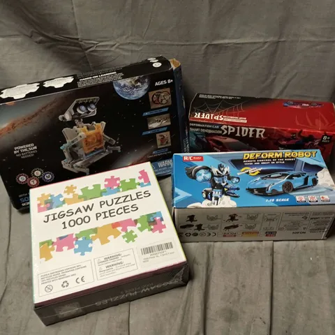 APPROXIMATELY 15 ASSORTED TOYS, GAMES, GIFTS AND NOVELTIES TO INCLUDE JIGSAW PUZZLE TOY, DEFORM ROBOT TOY, SPIDER DEFORMATION CAR, ETC - COLLECTION ONLY