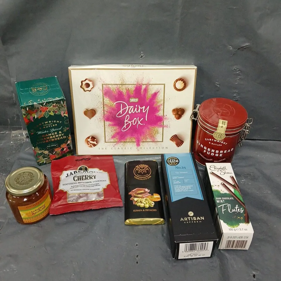 APPROXIMATELY 15 ASSORTED FOOD/DRINK PRODUCTS TO INCLUDE NESTLE DAIRY BOX, MINT FLUTES, GINGERBREAD FUDGE ETC 