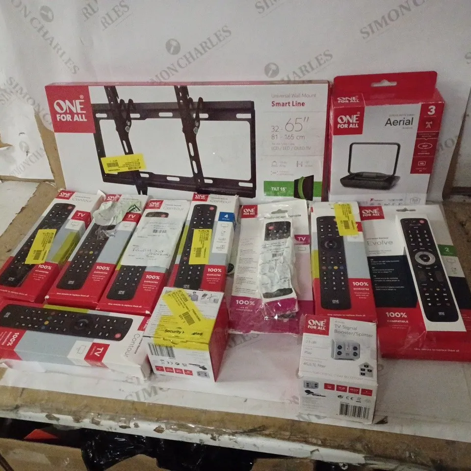 LOT OF APPROX 12 ASSORTED ONE-FOR-ALL ITEMS TO INCLUDE TV MOUNT, AERIAL, REMOTES ETC