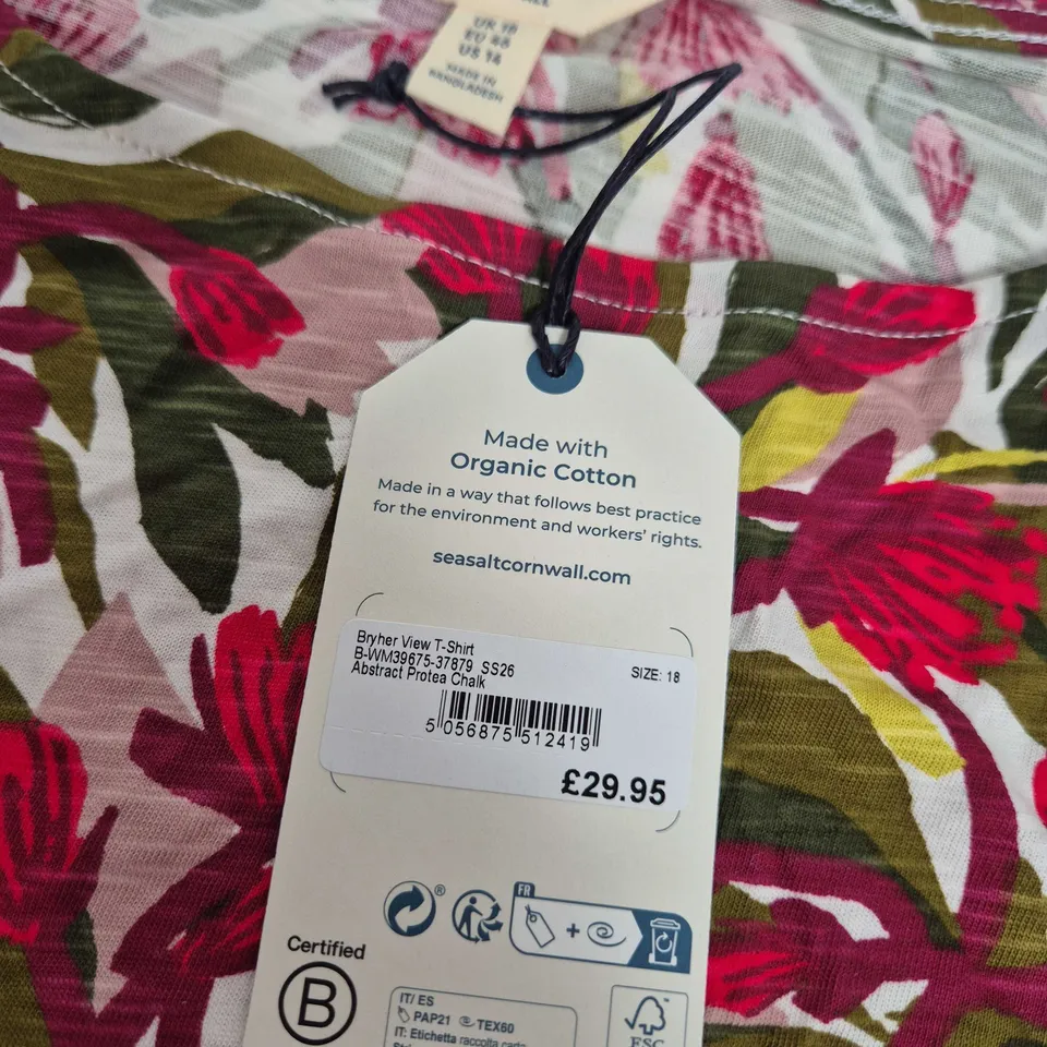 SEASALT CORNWALL BRYHER VIEW T-SHIRT – ABSTRACT PROTEA CHALK, UK SIZE 18