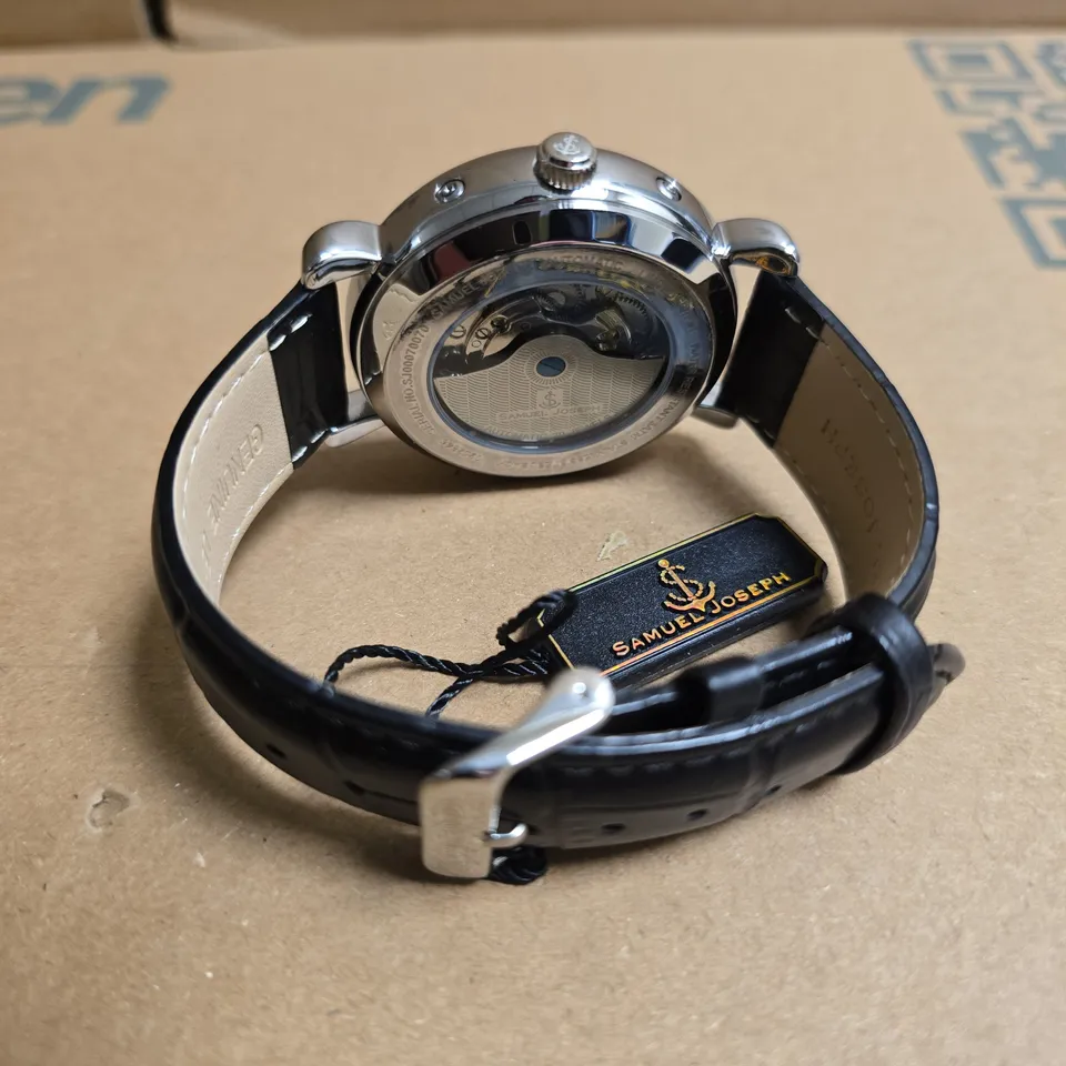 BOXED SAMUEL JOSEPH AUTOMATIC LIMITED EDITION SILVER TONE WATCH WITH WHITE DIAL