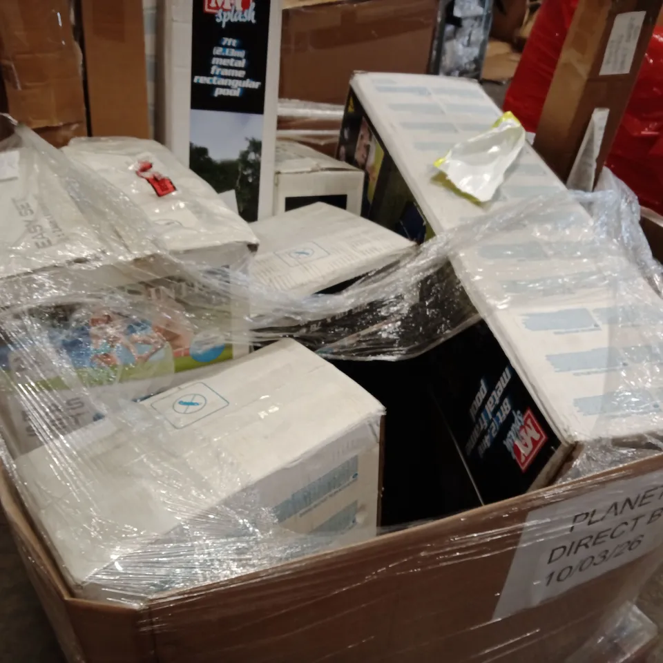PALLET OF ASSORTED BOXES PRODUCTS TO INCLUDE; SWIMMING POOL FAN,PLAY MAT,ETC