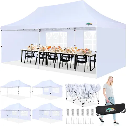 BOXED COBIZI POP UP GAZEBO 3X6M WITH 4 REMOVABLE SIDEWALLS, PORTABLE GAZEBO FOR PARTIES, WEDDING, INSTANT SUN PROTECTION SHELTER WITH UPGRADE RAISED ROOF AND CARRY BAG, OUTDOOR PARTY TENT, WHITE