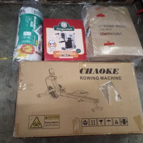 PALLET CONTAINING ASSORTED PRODUCTS INCLUDING ROWING MACHINE, STEAM IRON, ESPRESSO COFFEE MAKER & PILLOW MAT & BLANKET