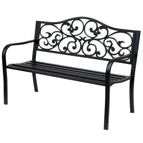 BOXED OUTSUNNY METAL GARDEN BENCH WITH FLORAL BACKREST AND ARMRESTS - BLACK (1 BOX)