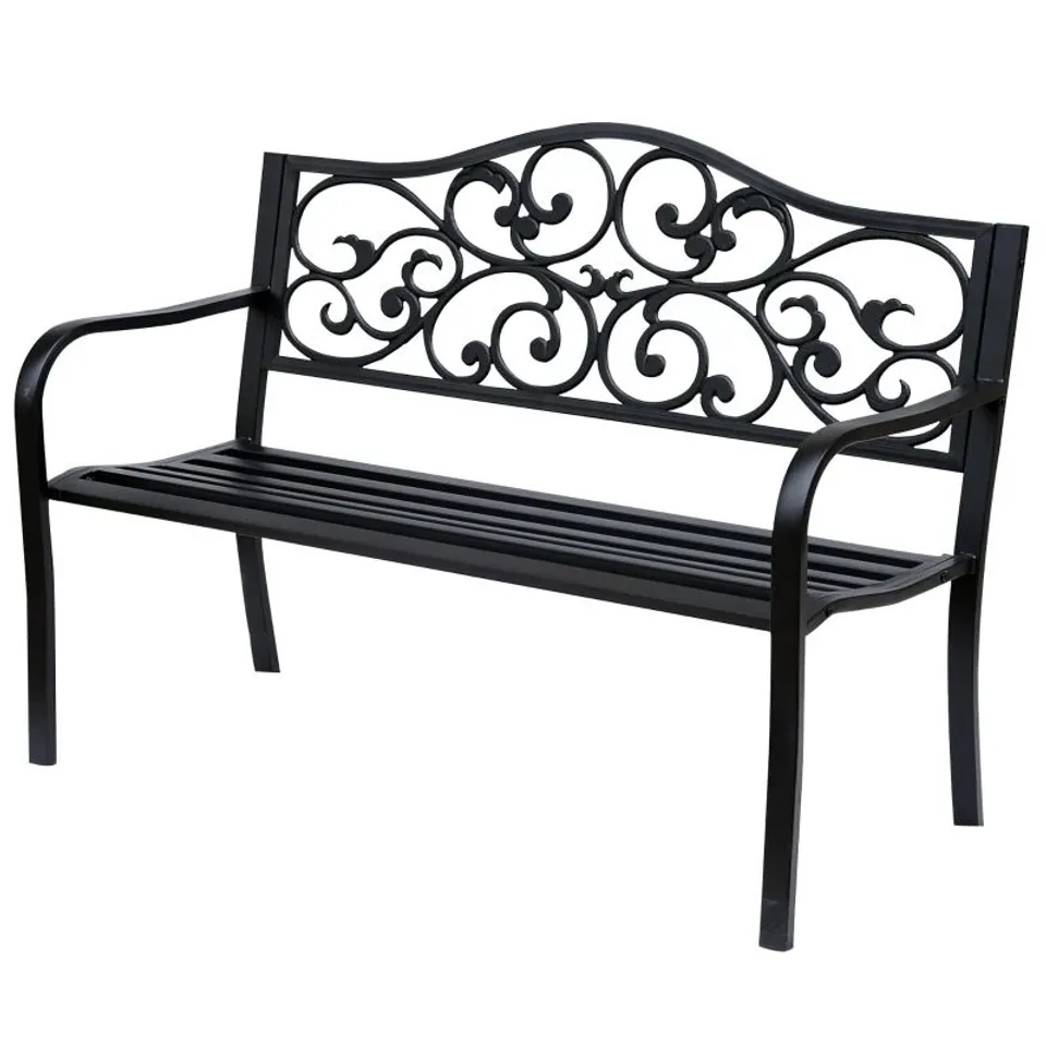 BOXED OUTSUNNY METAL GARDEN BENCH WITH FLORAL BACKREST AND ARMRESTS - BLACK (1 BOX)
