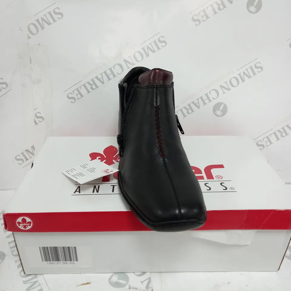 BOXED PAIR OF RIEKER LEATHER ROUND TOE BOOTS - SIZE 5