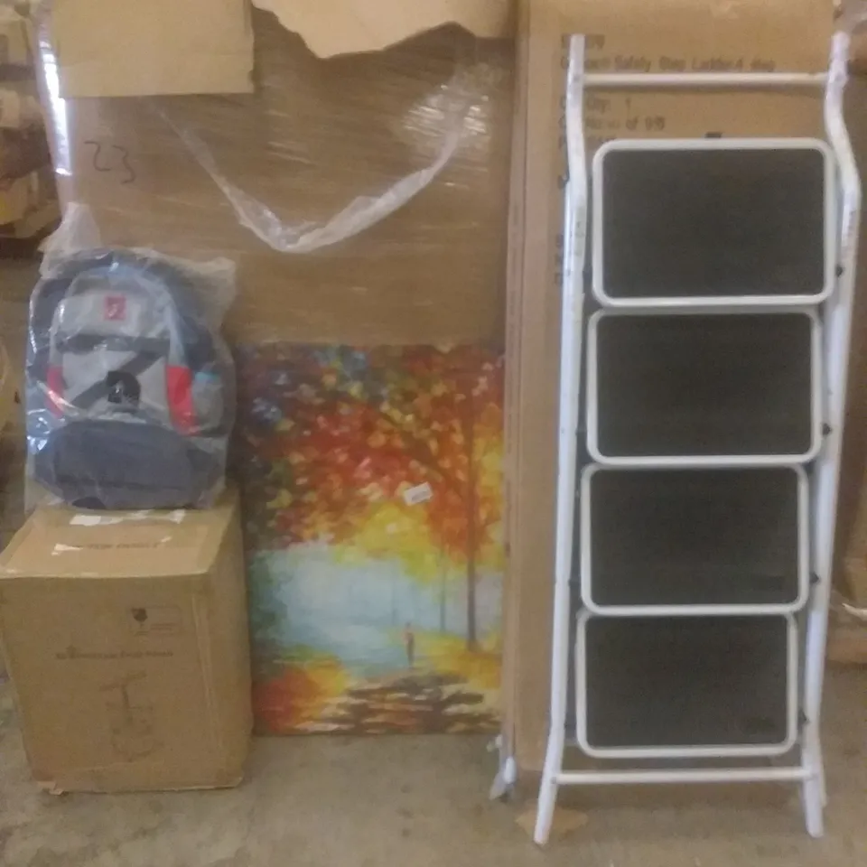 PALLET OF ASSORTED ITEMS INCLUDING 4 STEP STEPLADDER, ALUMINIUM FRUIT PRESS, BACKPACK, PAINTING 