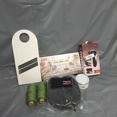 APPROXIMATELY 12 ASSORTED HOUSEHOLD ITEMS TO INCLUDE LEATHER CARE DEVICE, VELUX SOLAR BANK, MATCHES, ETC