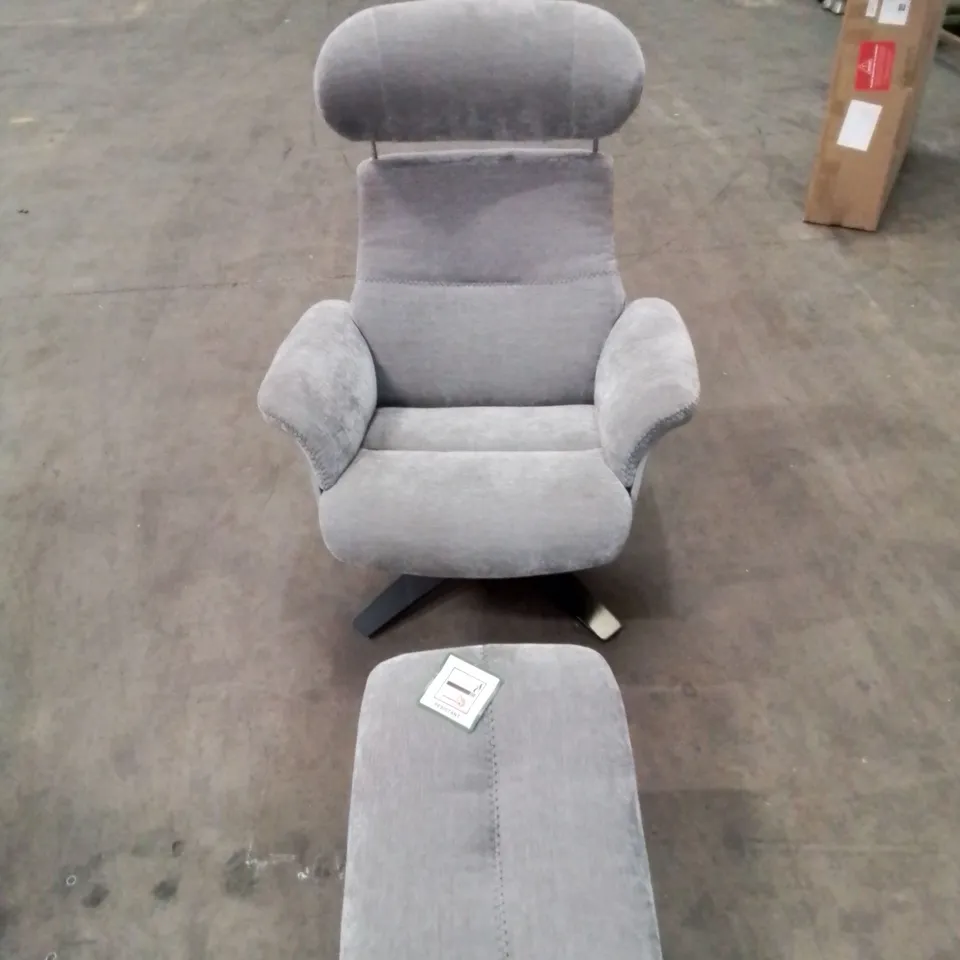 QUALITY FABRIC UPHOLSTERED GREY SWIVEL RECLINING ARMCHAIR AND FOOTSTOOL 