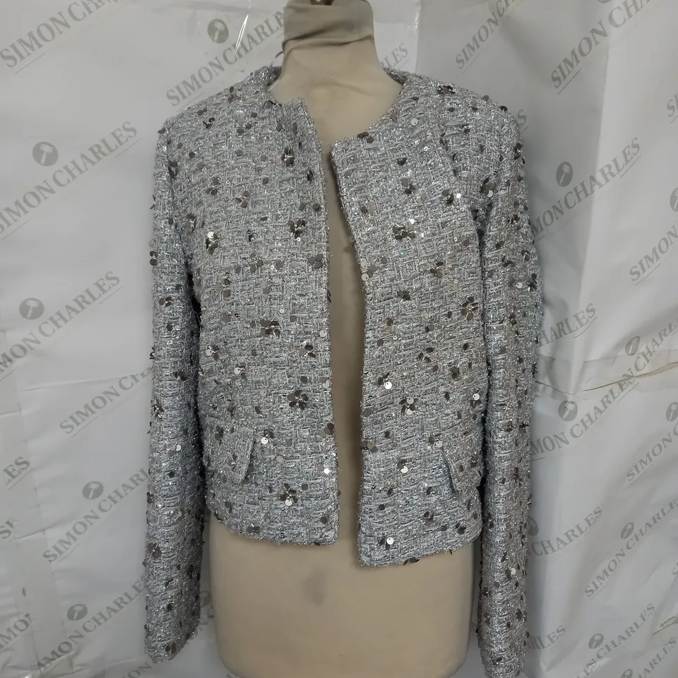 ZARA SPARKLE SEQUIN BLAZER STYLE JACKET IN SILVER SIZE M