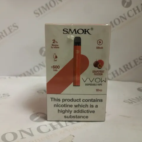 BOXED AND SEALED SMOK VVOW DISPOSABLE VAPE 10 PACK GRAPEFRUIT PASSION