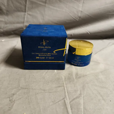 HERIS HUTA 24K GOLD SKINCARE 50ML – 3-IN-1 VELVET OIL GEL TO MILK CLEANSER, MOISTURISER & MASK (BOXED)