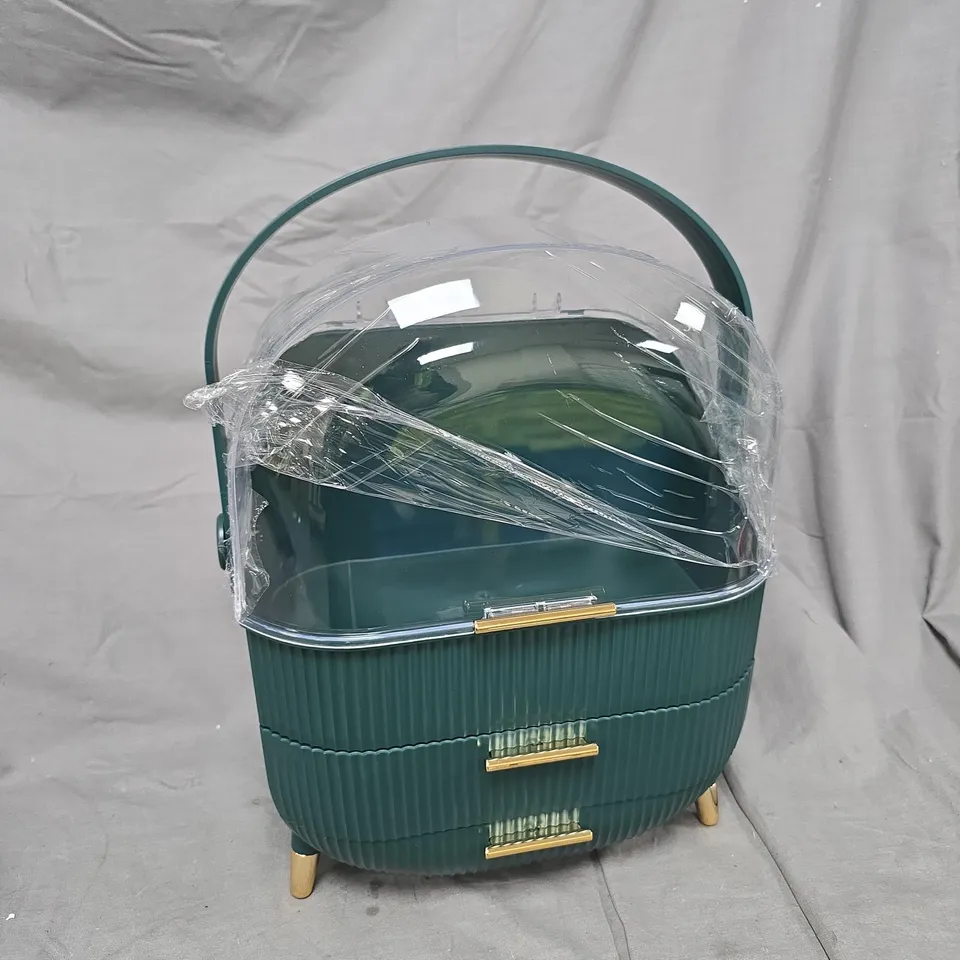 GREEN RIBBED STORAGE CABINET WITH CLEAR HINGED LID AND 3 DRAWERS 