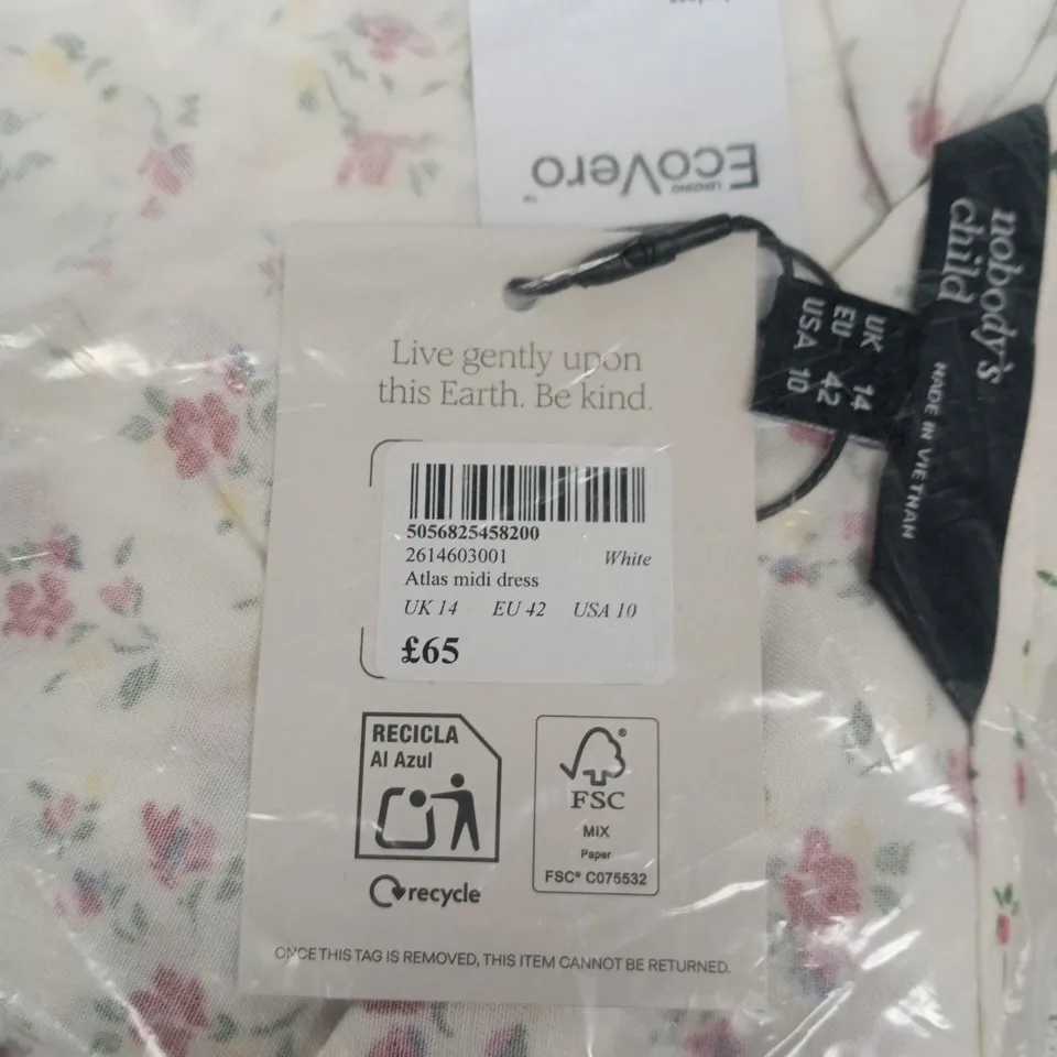 NOBODY'S CHILD ATLAS MIDI DRESS - WHITE FLORAL, UK 14