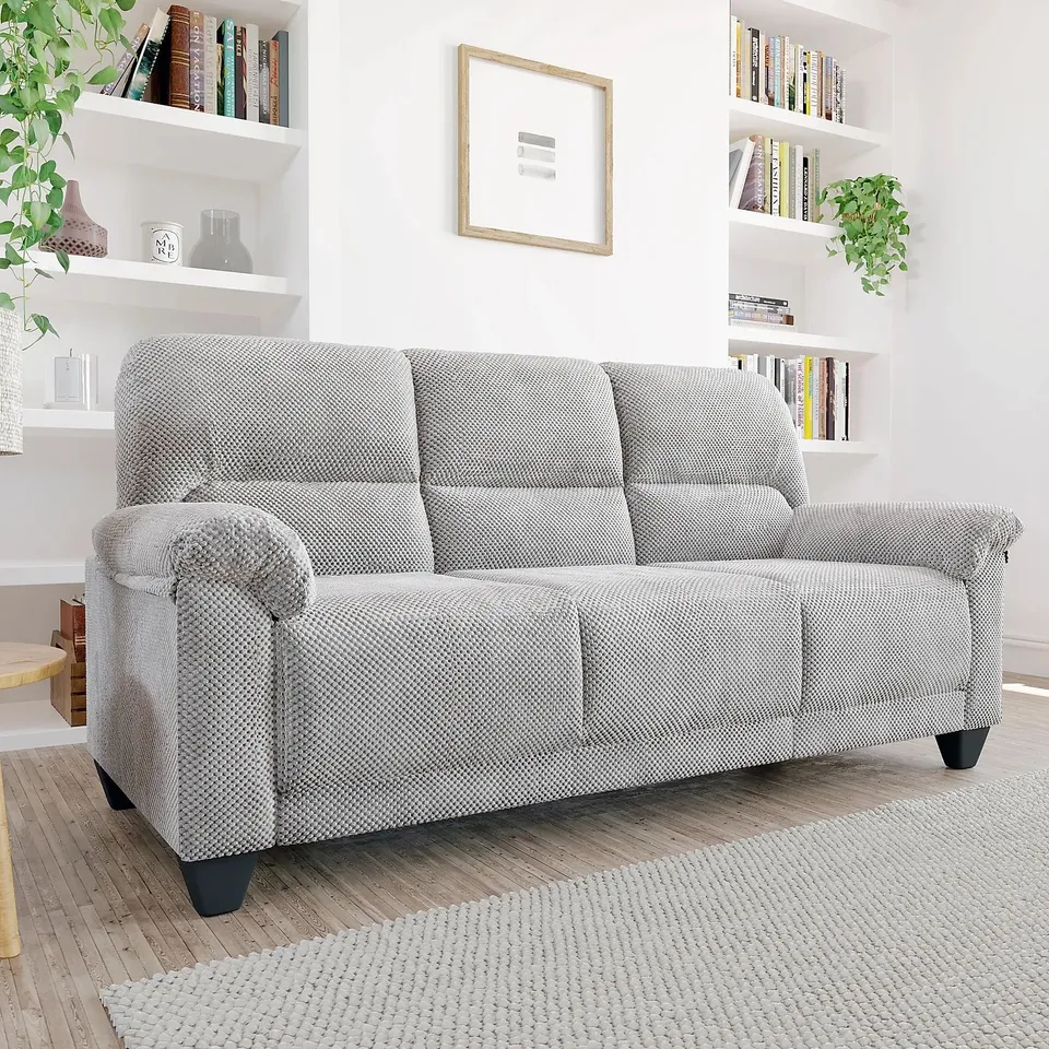BOXED DESIGNER KENTON SMALL LIGHT GREY DOTTED CORD FABRIC 3 SEATER SOFA (1 BOX)