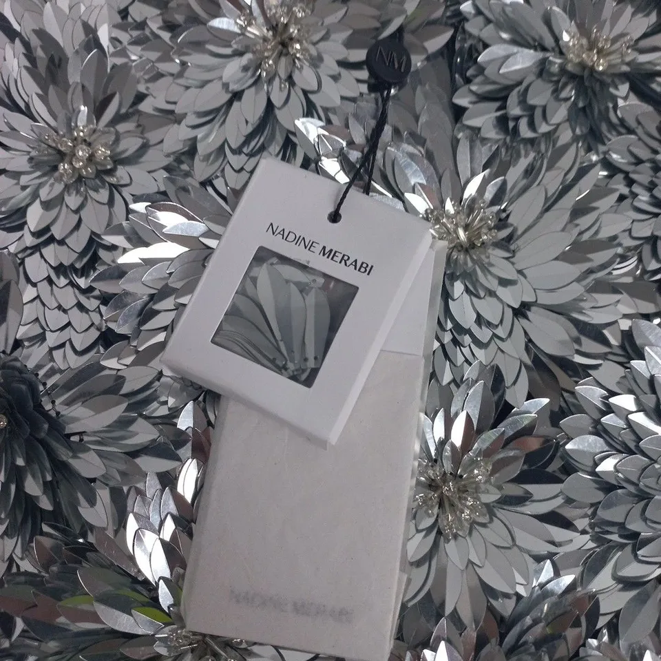 NADINE MERABI DRESS – UK 14 (US 10, EU 42) WITH SILVER PETAL EMBELLISHMENT