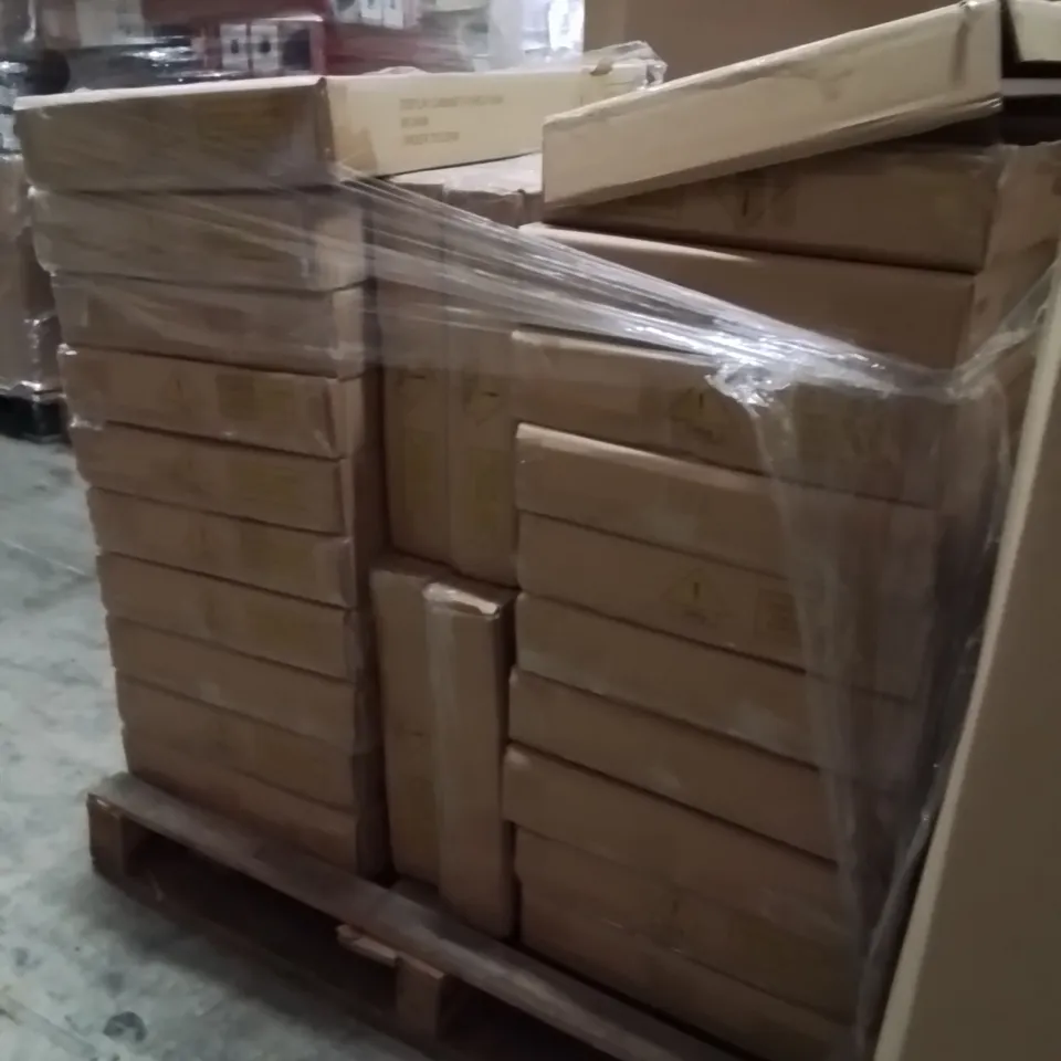 PALLET CONTAINING A LARGE QUANTITY OF 4 SHELF DISPLAY CABINETS OAK