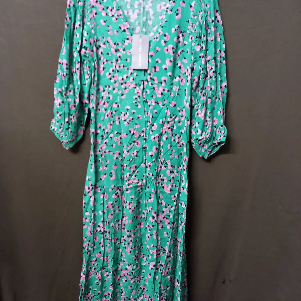 OLIVER BONAS VINTAGE ROSE BUD MIDI DRESS IN GREEN - SIZE 8