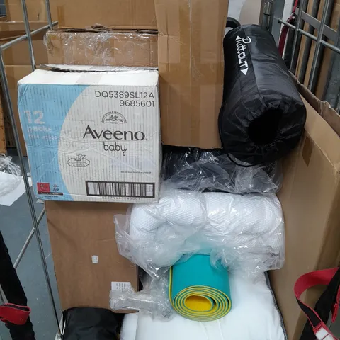 CAGE OF APPROXIMATELY 10 ASSORTED HOUSEHOLD ITEMS TO INCLUDE YOGA MAT, BABY WIPES, ETC - COLLECTION ONLY