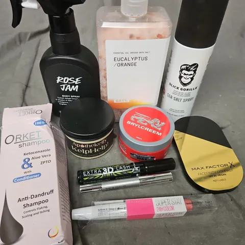 APPROXIMATEY 20 HEALTH AND BEAUTY PRODUCTS TO INCLUDE - ROSE JAM - SLICK GORILLA - BRYLCREEM - MAX FACTOR - ETC