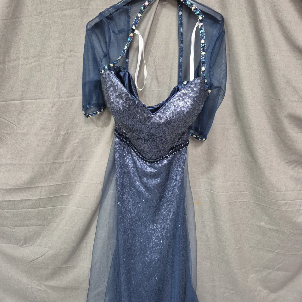 NAVY BLUE SEQUIN EVENING GOWN WITH SHEER BOLERO – SIZE UNSPECIFIED