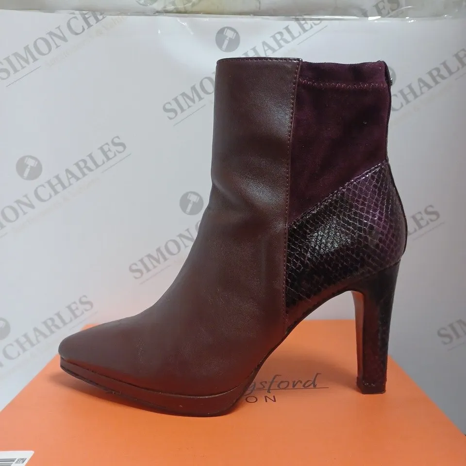 BOXED RUTH LANGSFORD PLATFORM LEATHER ANKLE BOOTS, BURGUNDY - SIZE 4 
