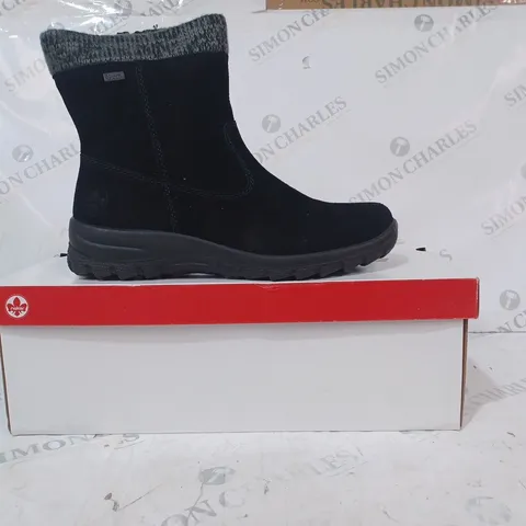 BOXED PAIR OF RIEKER ANTISTRESS WATER RESISTANT ANKLE BOOTS, BLACK - SIZE 6