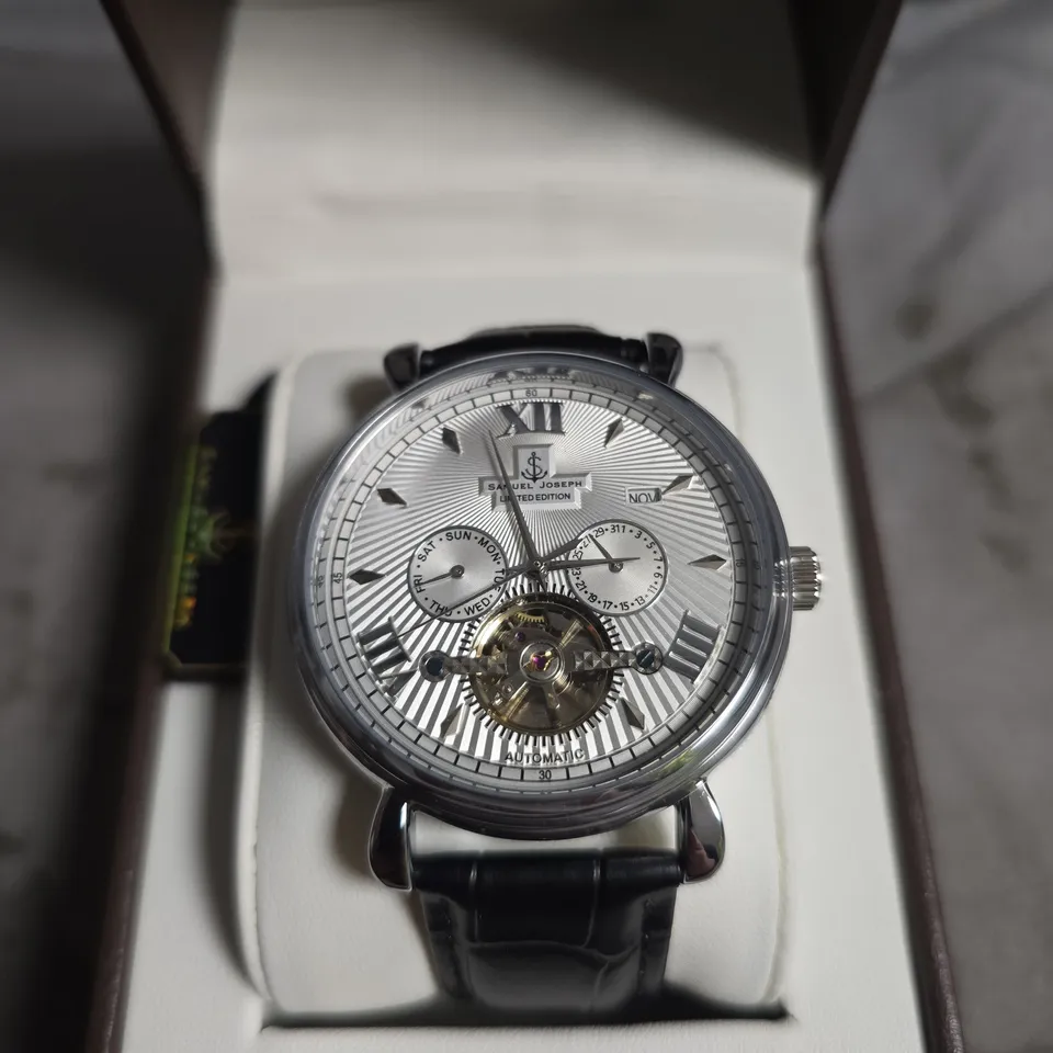 BOXED SAMUEL JOESPH AUTOMATIC LIMITED EDITION SILVER WATCH