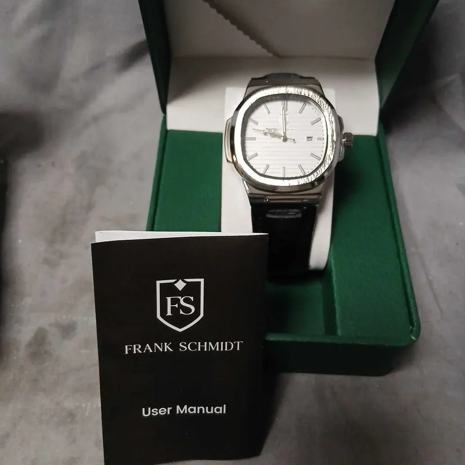 FRANK SCHMIDT FS WRISTWATCH WITH WHITE STRIPED DIAL, DATE WINDOW – BOXED