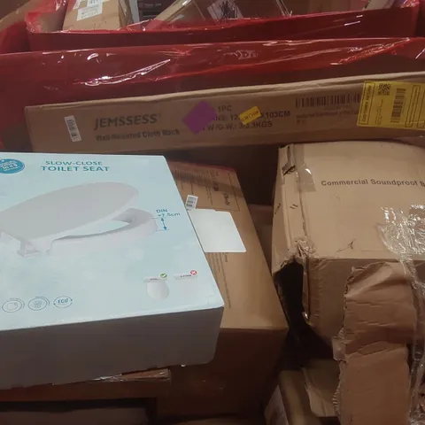 PALLET CONTAINING A VERY LARGE QUANTITY OF ASSORTED ITEMS INCLUDING: WALL MOUNTED CLOTHES RACK, COMMERCIAL SOUND PROOF BLENDER, SLOW-CLOSE TOILET SEAT ECT