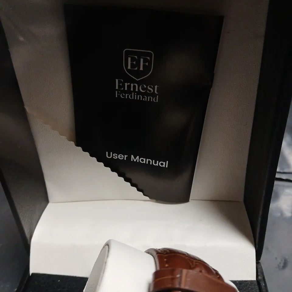 ERNEST FERDINAND QUARTZ WATCH – BLUE DIAL, ROMAN NUMERALS, BROWN LEATHER STRAP