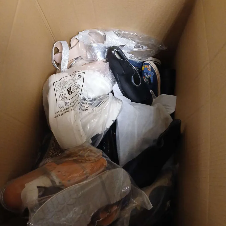 BOX OF APPROXIMATELY 18 PAIRS OF ASSORTED SHOES IN VARIOUS COLOUR, STYLES AND SIZES