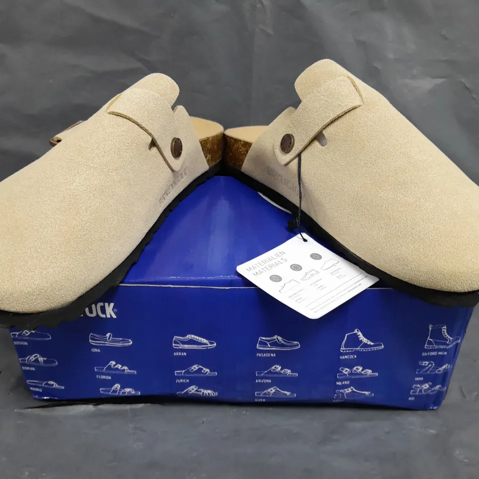 BOXED PAIR OF BIRKENSTOCK MULES IN STONE SIZE EU SIZE 40