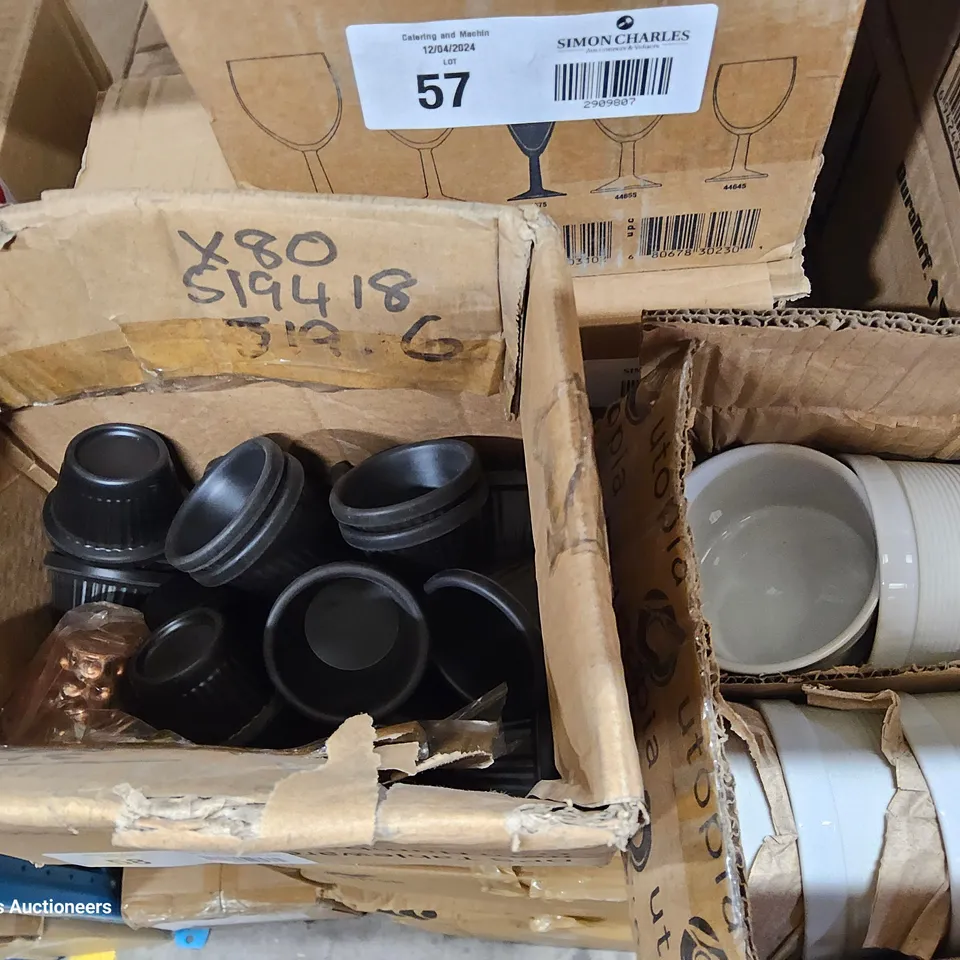 THREE BOXES ASSORTED CROCKERY, INCLUDING, 10 STONECAST SOUP BOWLS, 5 × RIBBED RAMAKINS & QUANTITY OF BUTTER POTS.