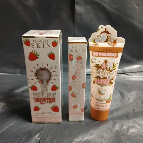 PLOUISE LOT OF 3 ASSORTED SKINCARE PRODUCTS TO INCLUDE - COCONUT HAND CREAM - RASPBERRY BRIGHTENING SERUM - GUAVA VITAMIN C EYE CREAM