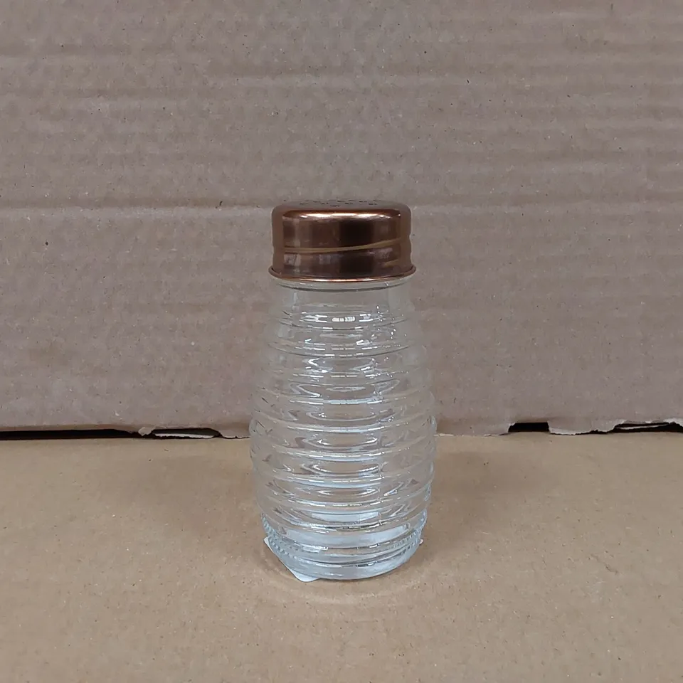 BOXED 12X RIBBED GLASS SALT & PEPPER SHAKER WITH COPPER FINISH LIDS (2 BOXES)