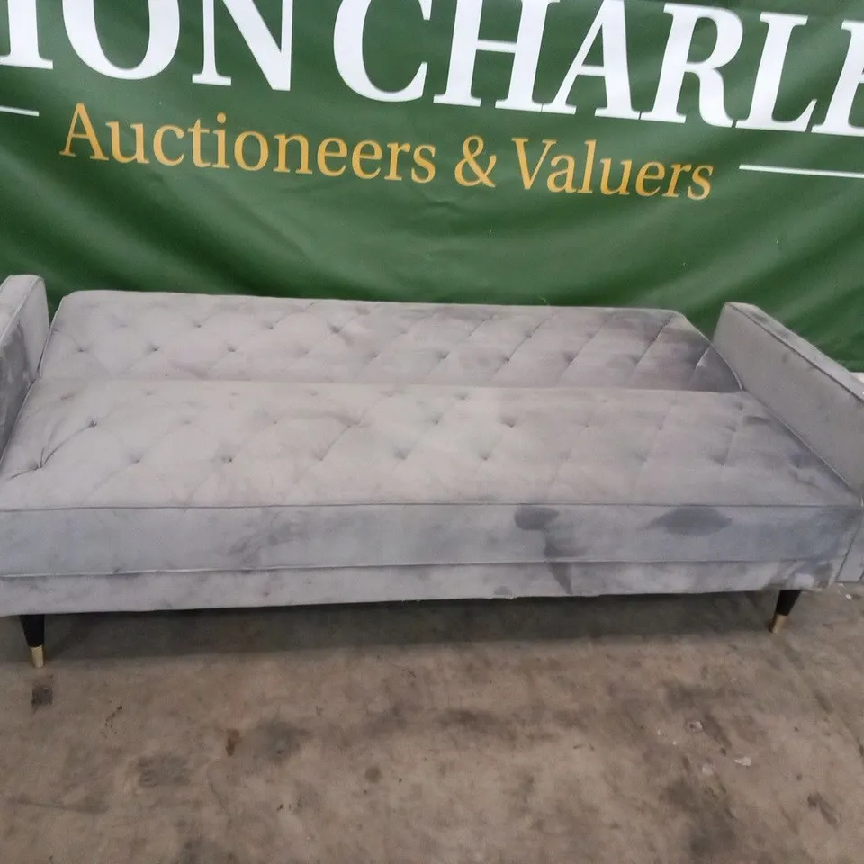 DESIGNERN SILVER VELVET EFFECT FABRIC CLICK CLACK SOFABED AND PIPING TO THE ARMS