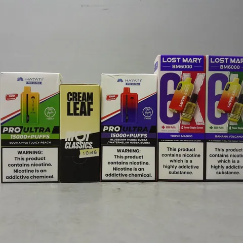 APPROXIMATELY 15 ASSORTED E-CIGARETTE PRODUCTS TO INCLUDE - LOST MARY , HAYATI , CREAM LEAF ETC