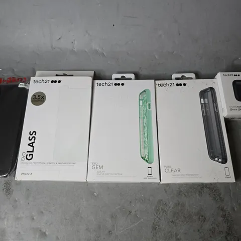 BOX OF APPROXIMATELY 50 PHONE CASES TO INCLUDE - TECH21 EVO GEM IPHONE 7 , TECH21 PURE CLEAR IPHONE X , TECH21 PHONE X GLASS ETC