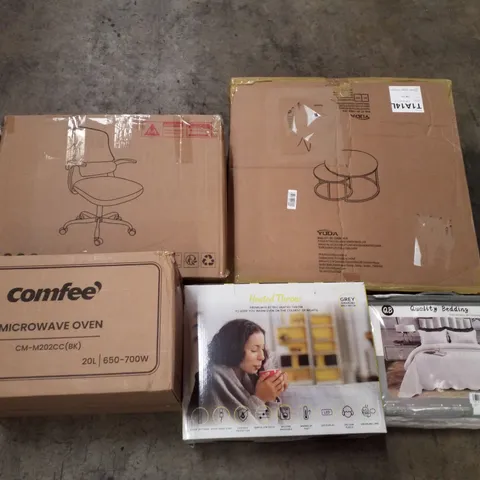PALLET CONTAINING ASSORTED PRODUCTS INCLUDING OFFICE CHAIR, NESTING ROUND COFFEE TABLE, MICROWAVE OVEN, HEATED THROW & KING SIZE DUVET SET